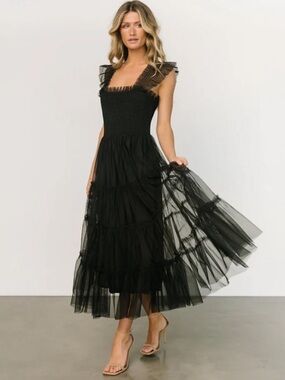 Baltic Born Emma Smocked Tulle Midi Dress Black Mesh Goth Punk Bump Friendly LG